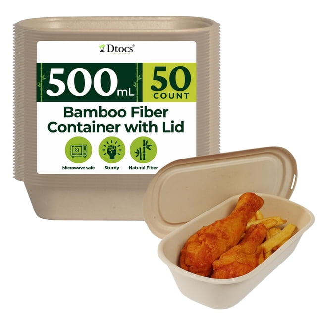 Dtocs Bamboo Fiber 500 mL Meal Prep Containers (Pack 50) | Disposable To-Go Food Containers With Lid | Microwave & Freezer Safe | Alternative to Glass Food Storage Box