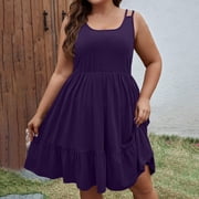 Plus Size Dress, Women's Summer Sleeveless Maxi Dress, Loose Fit Casual Round Neck Solid Color Polyester Matte, for Daily Wear