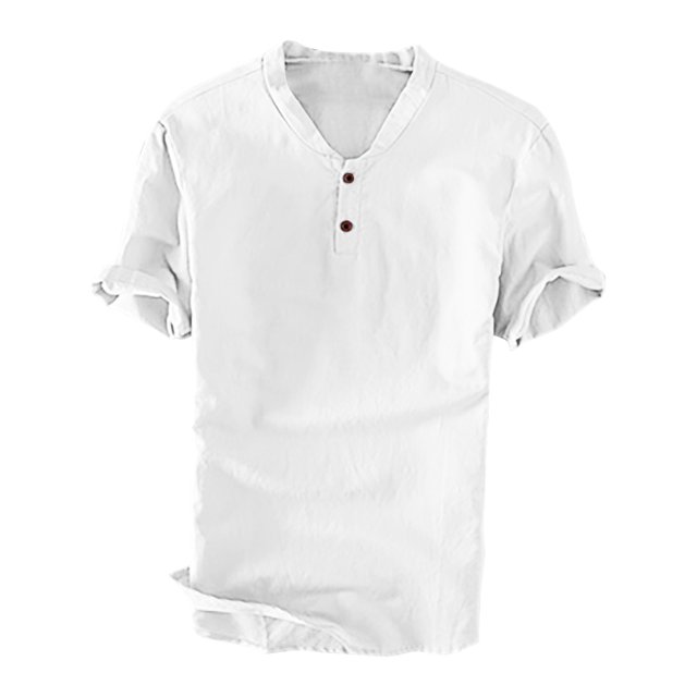 Chemises pour Hommes en Lin, Chemise Décontractée à Manches Courtes en Coton et Lin, Col Pliable, Blouse Col Rabattu