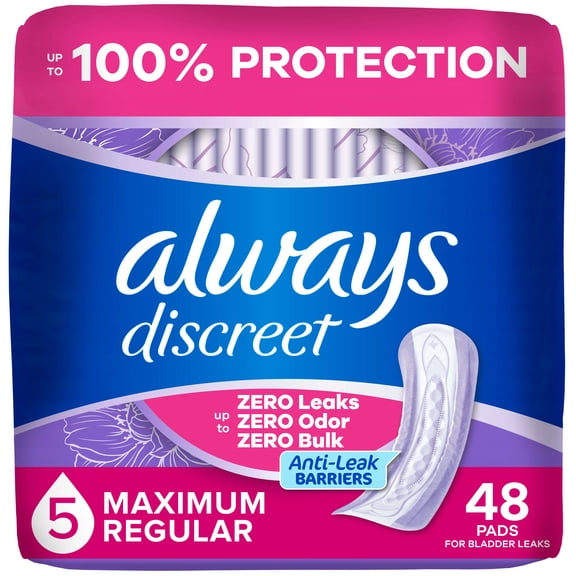 Serviettes d’incontinence Always Discreet pour femmes adultes, absorption maximale, régulières, serviettes de post-partum, 48 serviettes