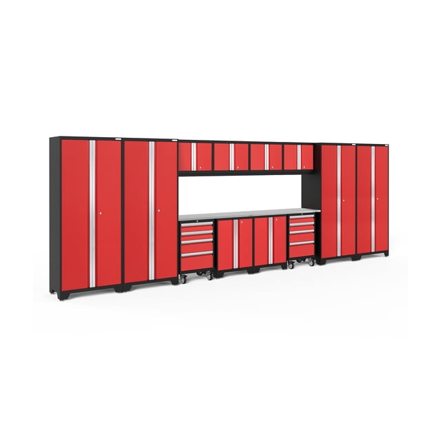 NewAge Products Bold Series Ensemble d'Armoires de 14 Pcs Conçu pour le Rangement et l'Organisation du garage. Fabriqué avec de l'Acier Robuste de Calibre 24 dans une Finition Rouge Audacieuse, Comprenant 4 Casiers Polyvalents, 4 Armoires Murales, 2 Armoires de base, 2 Armoires à Outils Roulantes et Deux Plans de Travail en Acier Inoxydable de 48 Pouces. Tablettes Ajustables, Tiroirs à Extension Complète et Pattes à Hauteur Réglable pour Planchers Irréguliers. Armoires à Outils Roulantes avec Roulettes Anti-Basculement Verrouillables pour la Mobilité. Idéal pour Ranger des
