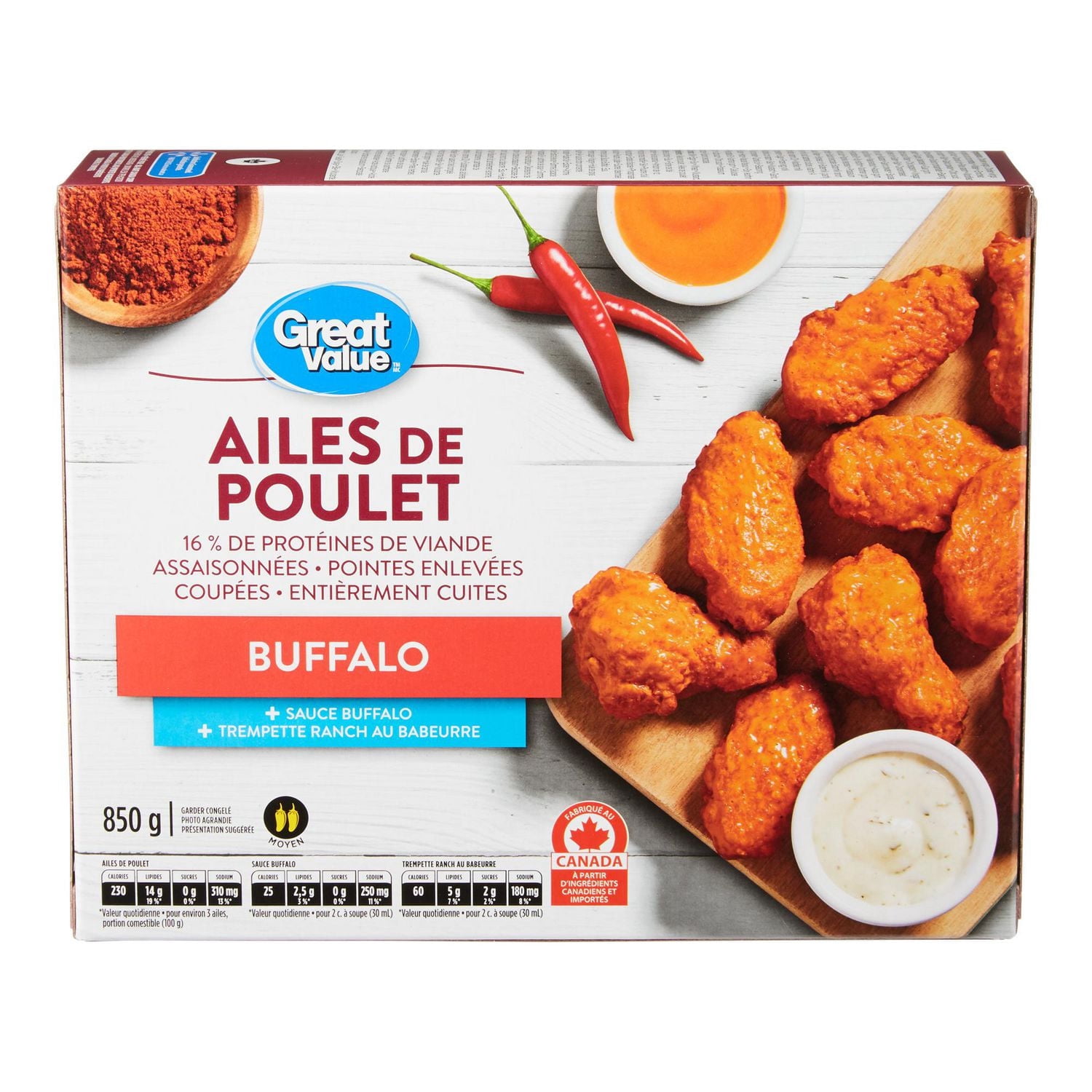 Ailes de poulet surgelées Great Value Buffalo 850 g