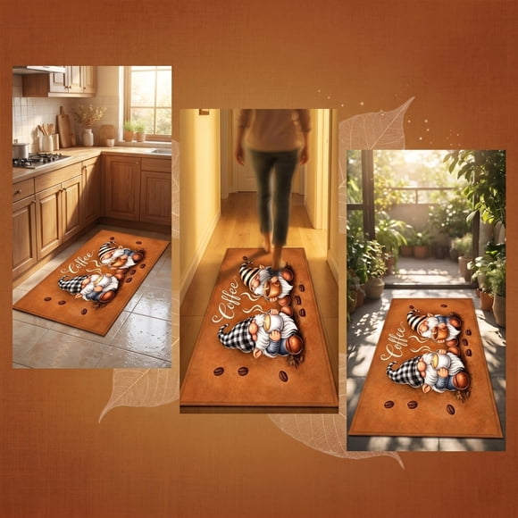 Kitchen Runner Mat Gnome Coffee Theme Long Strip Floor Rug Non Slip Absorbent Anti Fatigue Mat for Kitchen Sink Laundry Room Hallway Bedroom Bar Counter Breakfast Nook Apartment Condo Studio Loft