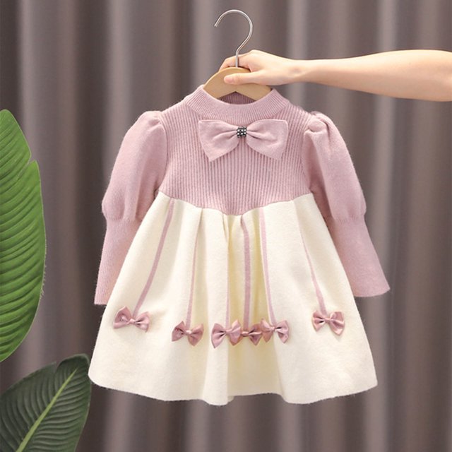 RXIRUCGD Robe Mignonne en Dentelle Patchwork Loli à Nœud Manches Longues Col Rond pour Fille 1-8 Ans (Rose, Taille: 4-5 Ans)