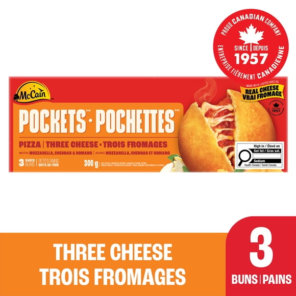 McCain® Pizza Pockets® Three Cheese, Made in Canada from domestic and imported ingredients, 3 x 100g