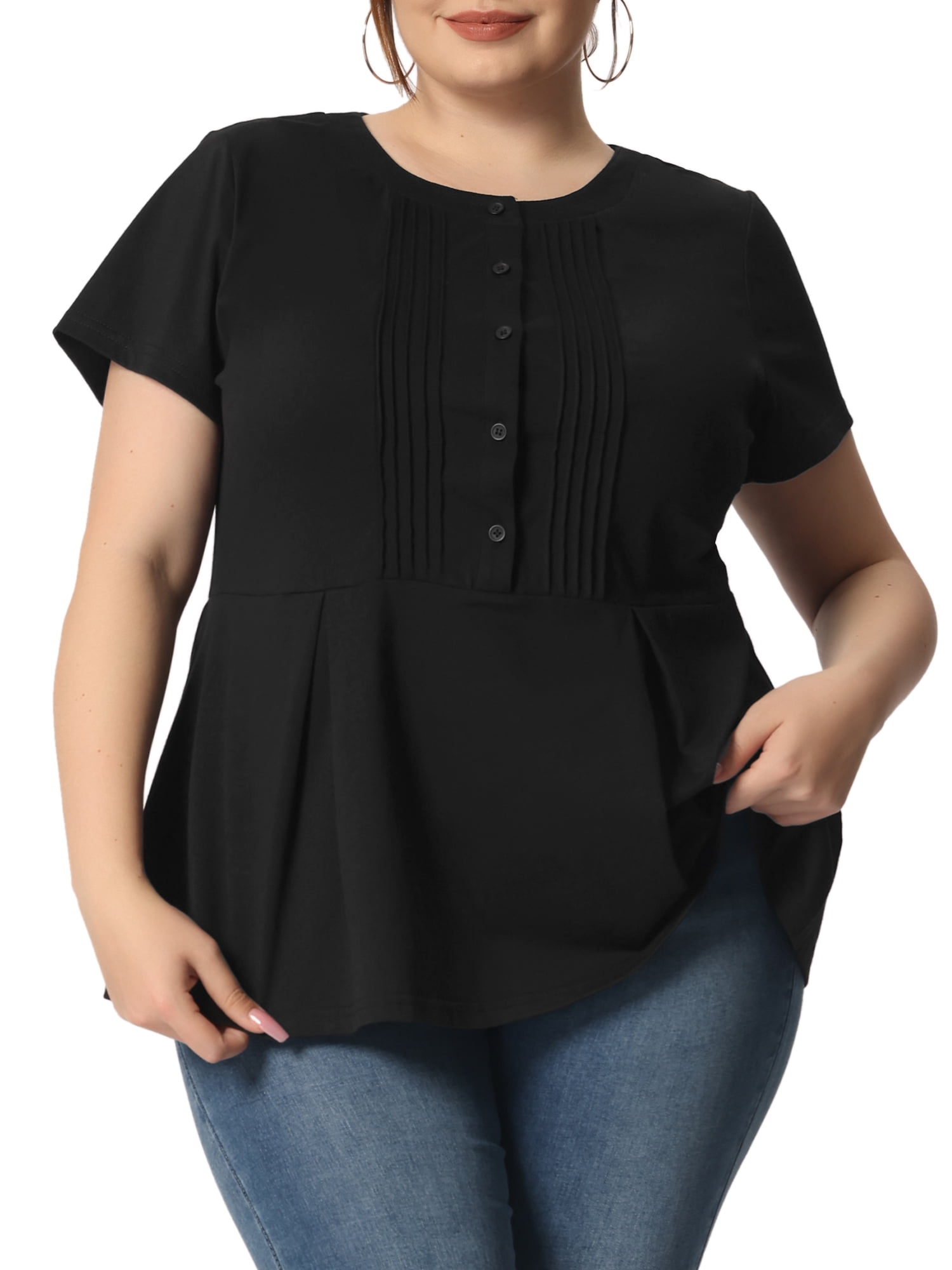 GRACE & GRANDEUR Women's Plus Size Summer Button Front Short Sleeve Work Peplum Blouse 1X Black