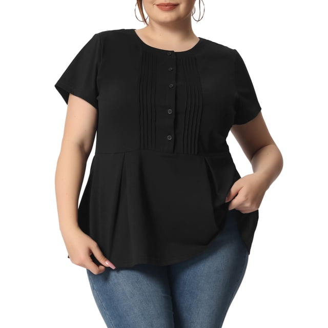 GRACE & GRANDEUR Women's Plus Size Summer Button Front Short Sleeve Work Peplum Blouse 2X Black