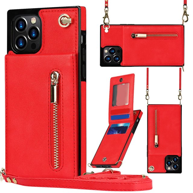 Wallet Case for iphone PU Zipper Wallet Smartphone Case with Card Holder & Shoulder Strap