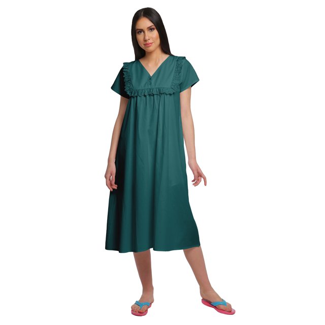 Moomaya Solid Short Sleeve Nightdress For Ladies Button Placket Nightwear