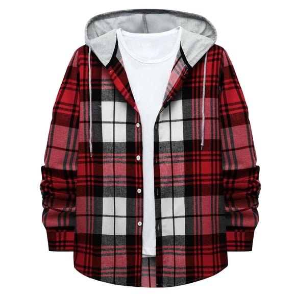 Ccpelsie Mens Flannel Hoodie Shirts Casual Button Down Plaid Shirt Jackets for Men Long Sleeve Stylish Hooded with Pockets(A-Red,M)