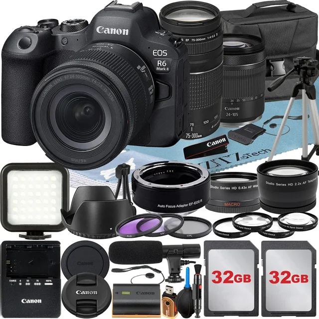 Canon EOS R6 Mark II Mirrorless Camera with RF 24-105mm Lens + EF 75-300mm + Mount Adapter + 2 Pack 32GB Memory Card + LED Flash + Case + ZeeTech Accessory