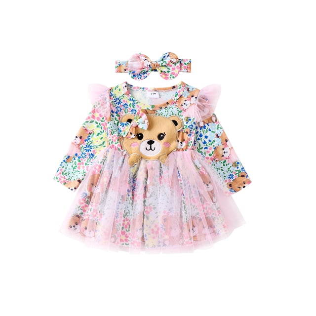 EYIIYE Robe Princesse d'Automne pour Tout-Petit Fille, Robe à Manches Longues Ligne A, Robe en Tulle Patchwork à Imprimé Ours et Fleurs, Robe à Col Rond, Robe de Fête, Jolie Robe Quotidienne avec Bandeau à Nœud