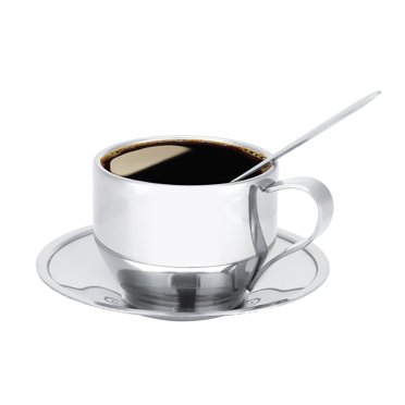 Qiilu Stainless Steel Insulated Coffee Cup Double Wall Tea Milk Mug with Saucer Spoon Set Tableware, Double Wall Coffee Cup, Steel Coffee Cup