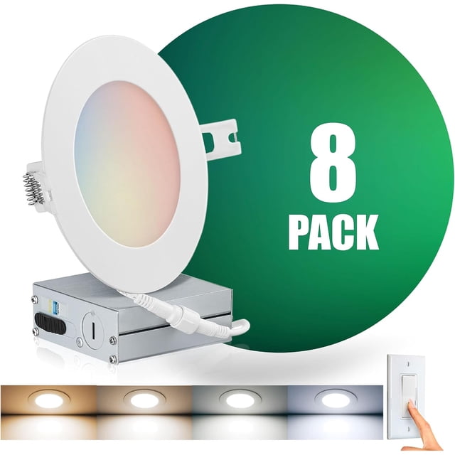 QPLUS 4Inch LED Recessed Slim Pot Light with Junction Box, 10W (=75W), 750 Lumens, Dimmable, IC Rated, ETL, Energy Star (4CS, 8 Pack)
