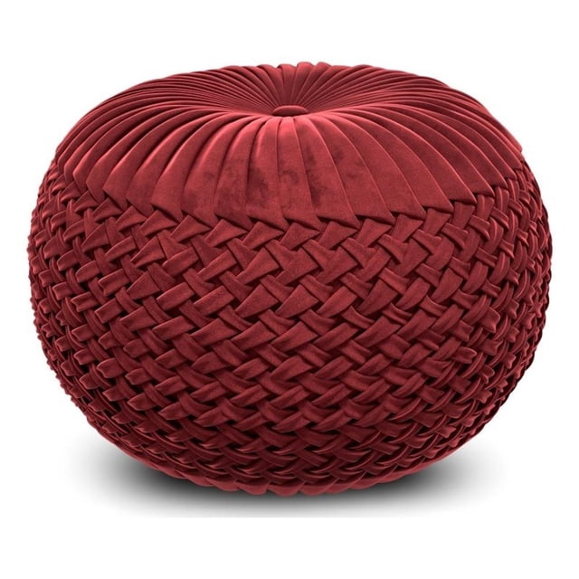 Grafton Transitional Round Pouf in Maroon Velvet Fabric