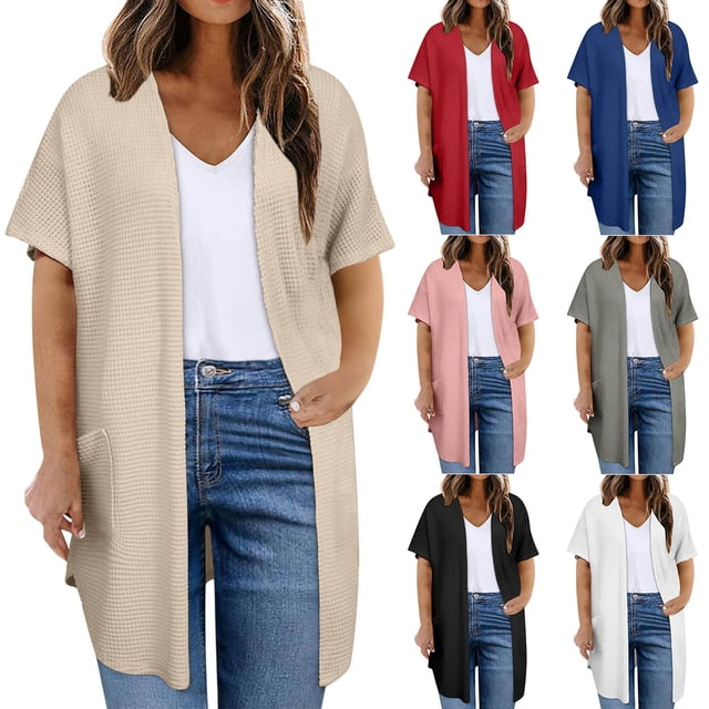 CFLVAEK Waffle Knit Cardigans for Women Plus Size Short Sleeve Cardigan with Pockets Trendy Comfy Open Front Long Cardigans Navy XXXXL