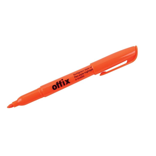 Offix Offix 343699HY00100OR Enlumineur orange (Lot de 2). un Enlumineur Style Stylo avec une Pointe Biseautée, Montré dans une Couleur orange Vibrante. l'Enlumineur Présente un Capuchon Amovible avec une Pince pour la Portabilité.