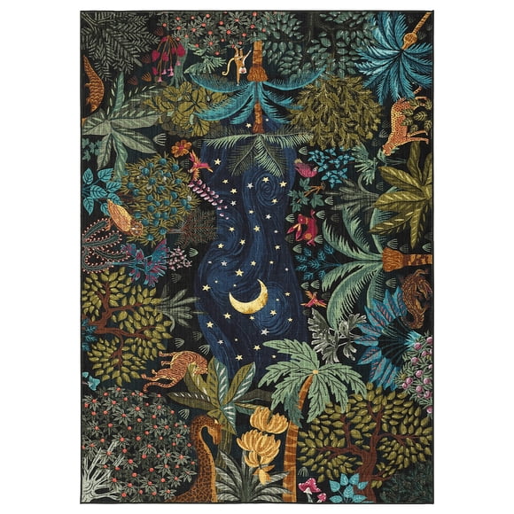 5x7 Blue Jungle Print Washable Area Rug, Soft Low Pile Non-Slip Carpet for Living Room, Bedroom, and Playroom