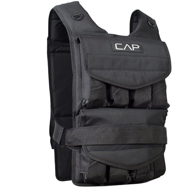 CAP Barbell Adjustable Weighted Vest, 60lb, black breathable mesh with padded shoulder straps, adjustable hook and loop belt, removable iron ore weight packets, and shoulder D-rings for resistance training and endurance workouts.