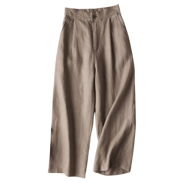 Timegard Womens Cotton Linen Pants with elastic waistband, ruched wide-leg design, and 7/8 length. Features a neutral tone, side pockets, and lightweight fabric ideal for comfortable lounging, spring and summer wear, or casual outings.