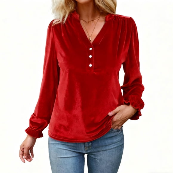 HongQid Women's Velvet Tops Puff Long Sleeve V Neck Ruched Fall Winter Trendy Formal Evening Party Holiday Shirts Blouse