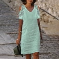 thumbnail image 2 of FAIWAD Robes en Coton et Lin pour Femmes, Dentelle Patchwork, Col en V, Robe à Épaules Dénudées, Robe d'Été Décontractée pour la Plage, 2 of 5
