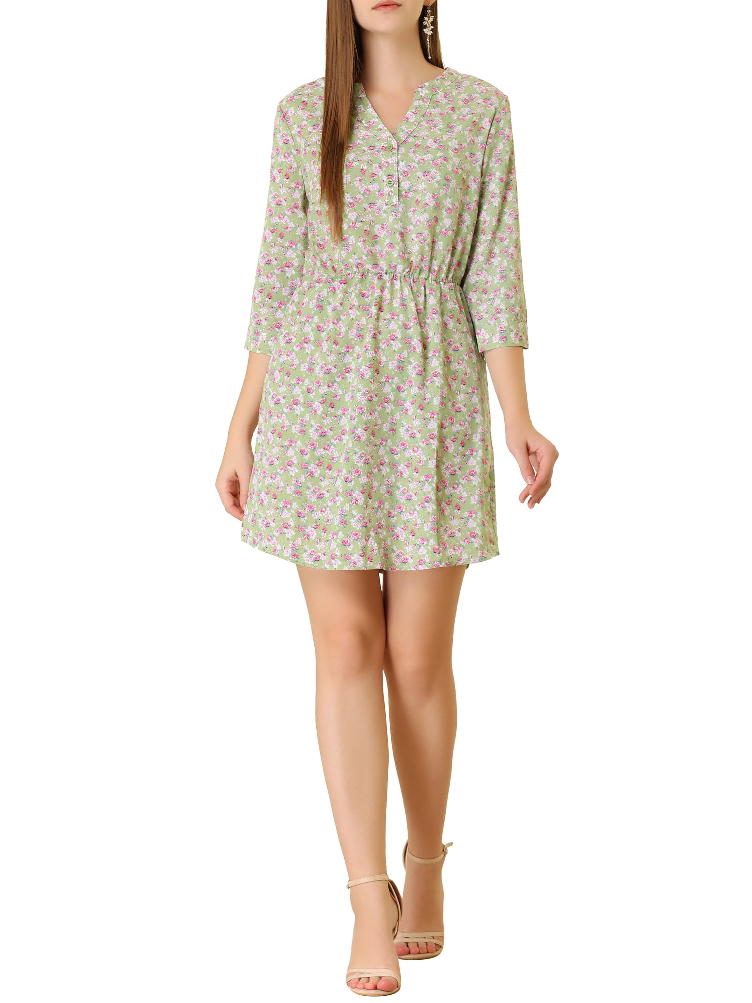 INSPIRE CHIC Robe à Boutons pour Femme à Col en V à Fleurs Manches 3/4 Poches Latérales S Vert Pâle