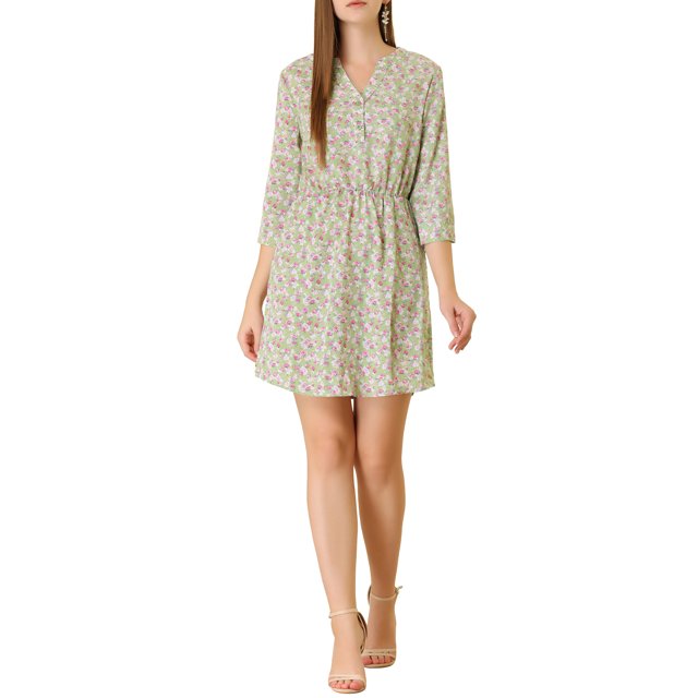 INSPIRE CHIC Robe à Boutons pour Femme à Col en V à Fleurs Manches 3/4 Poches Latérales TP Vert Pâle