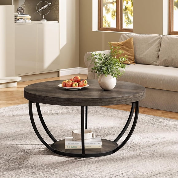 Tribesigns Round Coffee Table, Industrial 2-Tier Circle Coffee Table with Storage Shelves, Modern 31.7" Wooden Accent Center Table for Living Room, Home Office, Grey