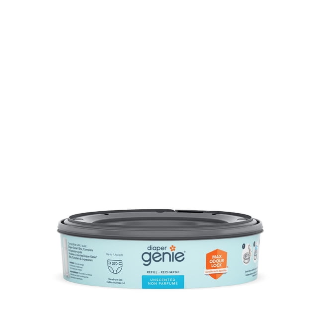 Diaper Genie Recharges Rondes Non Parfumées avec Technologie Max Odour Lock, un Contenant Rond avec Couvercle Gris et Étiquette Bleue, Contient jusqu'à 270 Couches pour Nouveau-Nés, compatible avec Diaper Genie Elite, Complete, et Seaux Expressions pour le Contrôle des Odeurs Lors de l'Élimination des Couches.