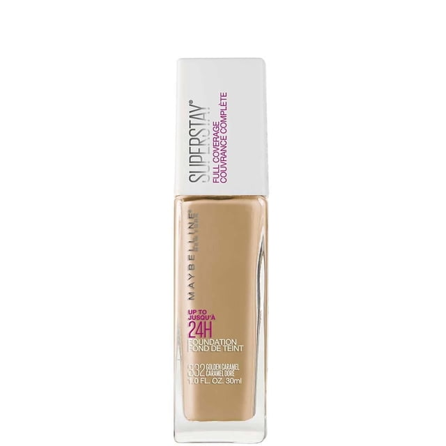 Maybelline New York Super Stay® Full Coverage Foundation, 30 ml in shade 332 Golden Caramel, in a clear rectangular glass bottle with a white cap featuring purple and black text, offering up to 24-hour full coverage liquid foundation suitable for face makeup.