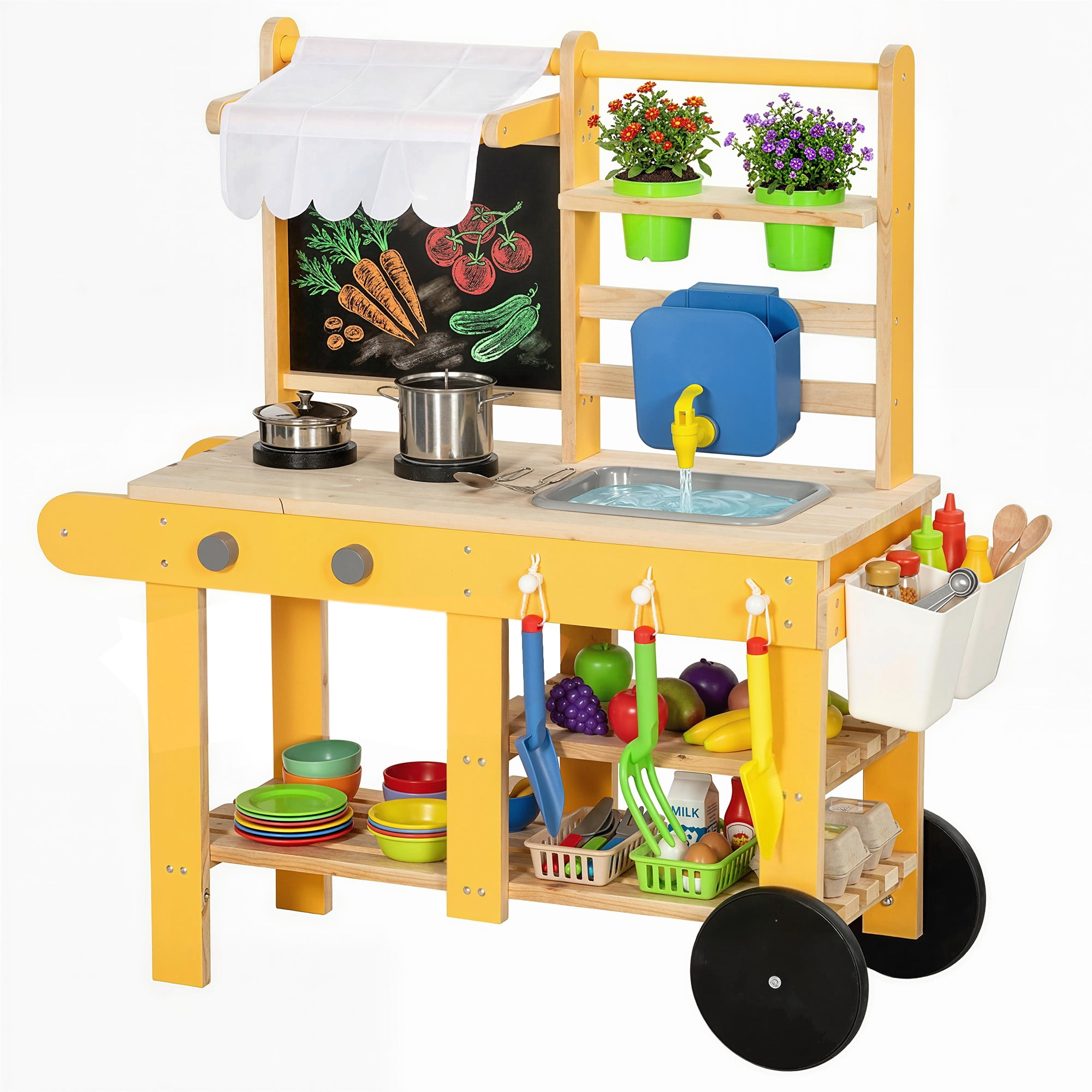 Qaba Mud Kitchen with Wheels, Sink, Stove, Shelf and Blackboard, Yellow