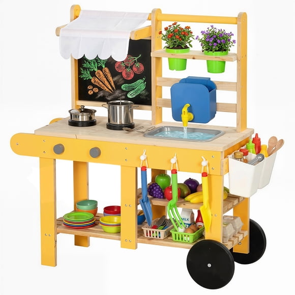 Qaba Mud Kitchen with Wheels, Sink, Stove, Shelf and Blackboard, Yellow