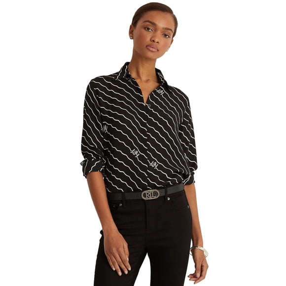 Lauren Ralph Lauren Wave-stripe Georgette Shirt Polo Black Large