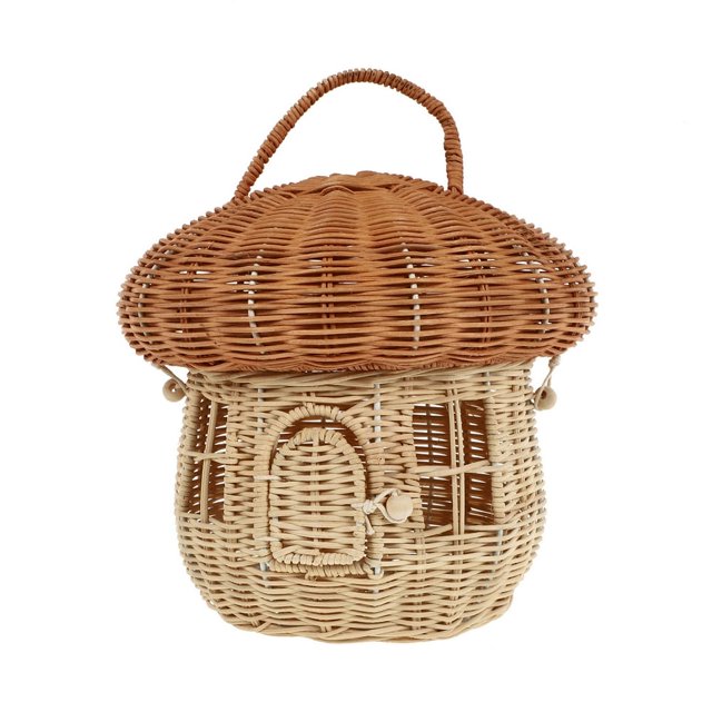 EIMELI Basket Storage Baskets Wicker Woven Lid Rattan Mushroom Home Lidded Picnic Portable Hamper Small Organizing Bucket. A mushroom-shaped rattan basket with a woven lid, designed for durability and natural appeal. Perfect for organizing small items like keys or enhancing home decor with a rustic touch.