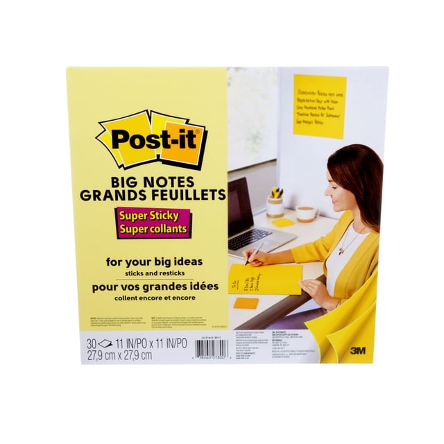 Post-it Super Sticky Big Notes, 11 in x 11 in (27.9 cm x 27.9 cm) package with yellow sticky notes labeled super sticky, shown with a person writing on a note at an organized office desk with laptop and coffee, suitable for reminders and organizing ideas in office or school settings.