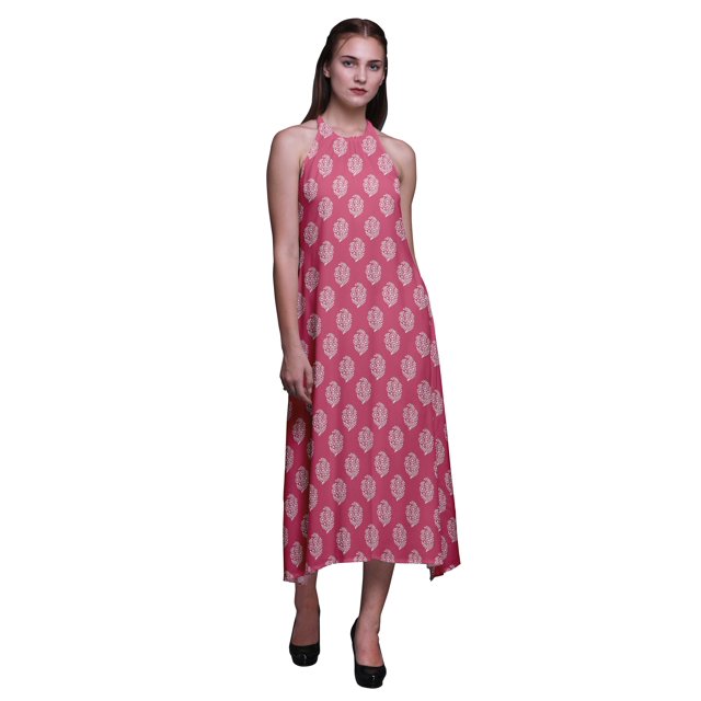 Bimba Robe de Plage d'Été pour Femmes à Imprimé Bloc, Dos Nu, Col Licou – Petit