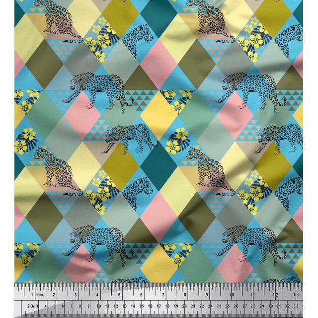 Soimoi Rayon Fabric Leopard & Argyle Patchwork Print Fabric by Yard 56 Inch Wide