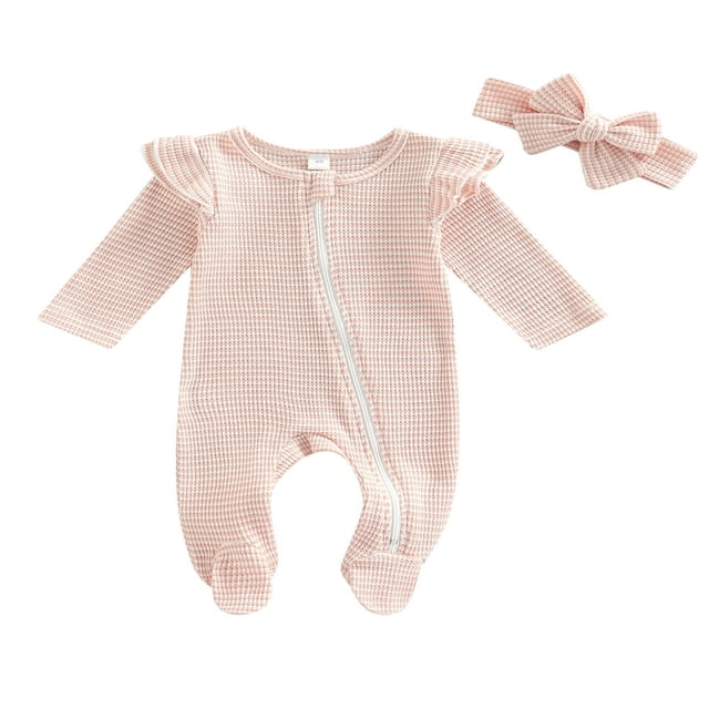 Combinaison pour Bébé Fille à Manches Longues avec Fermeture Éclair, Volants, Patchwork, Décontractée, Fête, Rue, Printemps, Combinaison + Bandeau