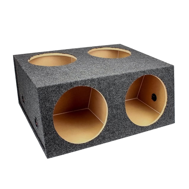 QPower Quad 4 Hole 12 Inch Sealed Divided Speaker Box Subwoofer Enclosure centered front view of a rectangular charcoal-carpeted enclosure with four 11-inch circular cutouts in a 2x2 layout; sealed divided chambers with about 1 cubic foot airspace per 12-inch sub, 5/8 inch MDF construction, spring-style push-button speaker terminals on one side, approx. 30 x 25.5 x 12 inches, suitable for universal car installation and often used to add compact quad-bass capacity to vehicles.
