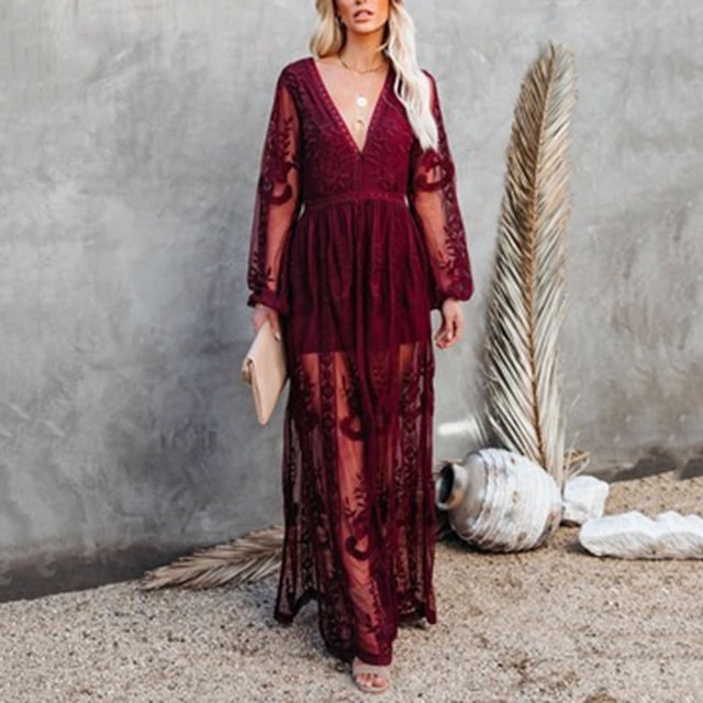 Robe Longue Élégante en Dentelle à Col en V à Manches Longues, Robe de Soirée Formelle pour Femmes