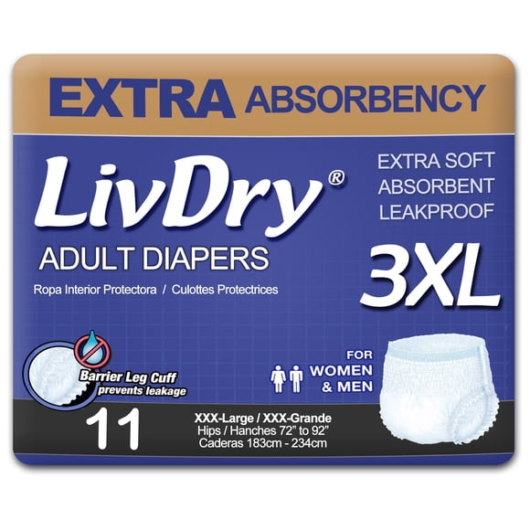 LivDry Couches pour Adultes 3TG pour Femmes et Hommes, sous-Vêtements Anti-Fuites pour Incontinence, Très Absorbants (XXX-Grand, Lot de 11)