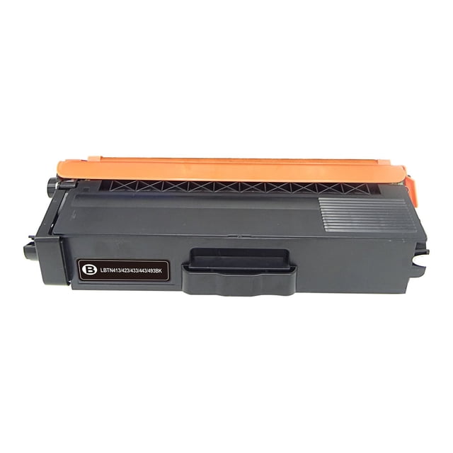 L-ink Compatible Toner TN433 Black cartridge with a black rectangular body and orange protective cover, compatible with Brother laser printers including L8900CDW and L8610CDW, ISO14001 and ISO9001 certified, delivering sharp text and images with a 4500 page yield.