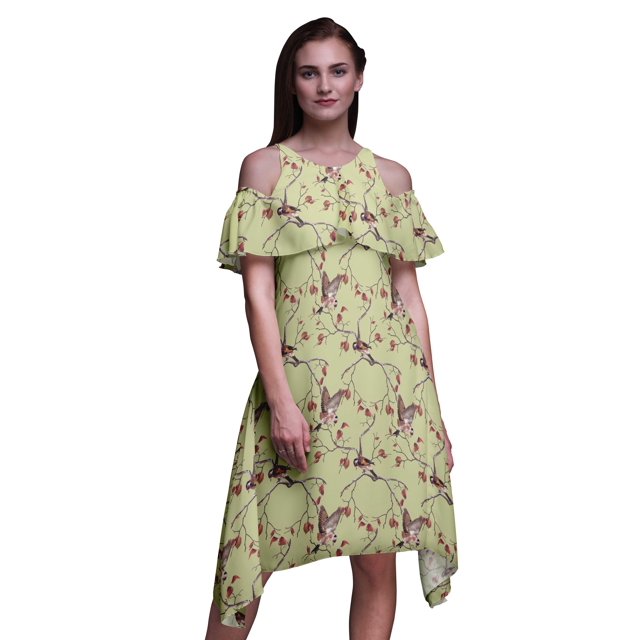 Bimba Robe à Volants Beige Imprimée Oiseaux pour Femmes Épaules Dénudées - XX-Grand