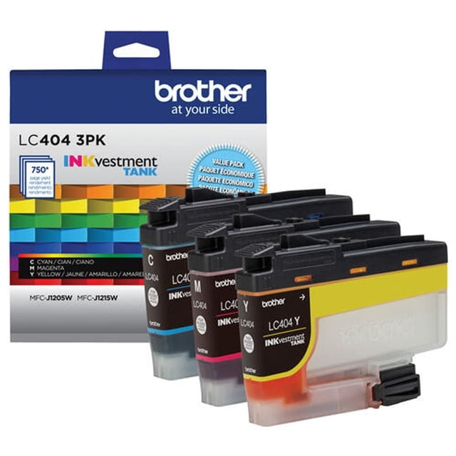 Brother Genuine LC4043PKS Standard-Yield Colour Ink Cartridge 3-Pack featuring cyan, magenta, and yellow cartridges in front of the blue and white branded box, compatible with Brother INKvestment Tank printers MFC-J1205W and MFC-J1215W, delivering up to 750 pages per cartridge with vivid colour output.