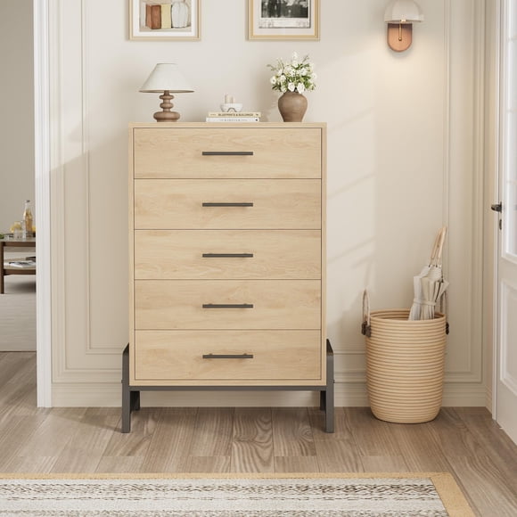 Commode à 5 Tiroirs - Coffre de Rangement Autoportant en Bois à Grande Capacité, pour Garde-Robe de Chambre, Salon et Entrée, Couleur Bois Originale (Coffre à 5 Tiroirs)