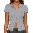 thumbnail image 1 of Women's Button-Up Ribbed Short Sleeve Cardigan - Pure Color, Soft Stretchy Fabric, Versatile for Casual Wear, S/M/L Sizes, 1 of 3