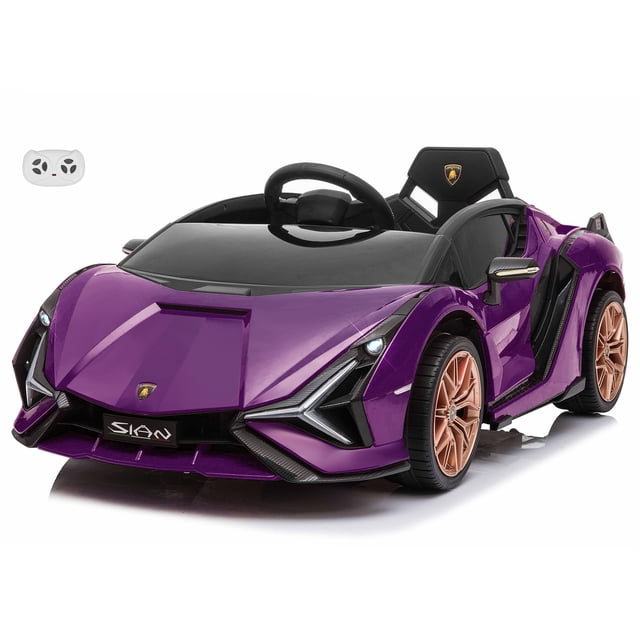 VOLTZ TOYS Lamborghini SIAN FKP 37 12V Ride-On Car with scissor doors, parental remote control, and powered ride-on functionality. Showcasing a vibrant purple finish, gold wheels, LED headlights, and authentic Lamborghini styling. Includes a 12V rechargeable battery, built-in music player, and supports up to 66 lbs for kids ages 1–5.