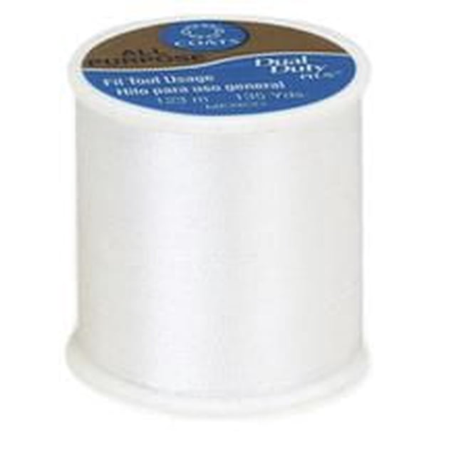 Coats & Clark All Purpose Polyester Thread spool in white, 123 metres long, suitable for hand and machine sewing on knits, woven fabrics, and all fibres, shown in a front-facing close-up with a blue label on top, often used for general sewing and craft projects.