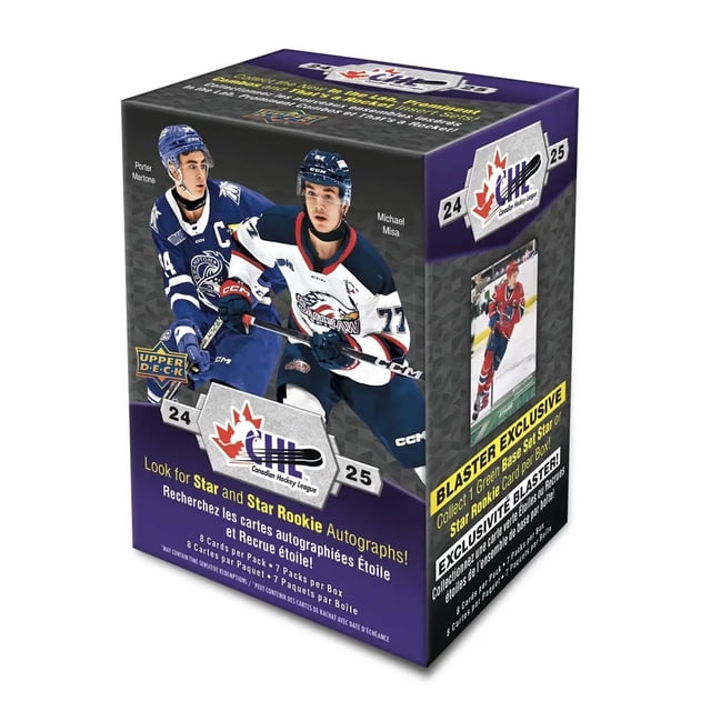 Boîte Blaster de Cartes à Échanger de Hockey CHL Upper Deck 2024-25 Mettant en Vedette des Joueurs de Hockey Porter Martone et Michael Misa sur l'Emballage, Contenant 7 Paquets de 8 Cartes Chacun. la Boîte Met en Valeur des Cartes Blaster Exclusives Vertes Parallèles Star et Star Recrue Autographiées et des Cartes de Collection LNH prospects de Repêchage avec Texte Bilingue Anglais et Français.